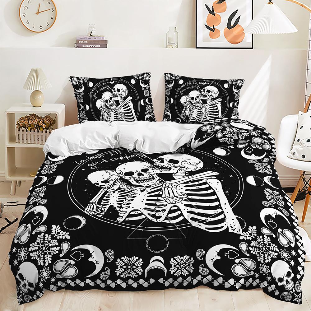 Three-Piece 3D Quilt Cover Rose Skull Dark Wind Kit Bedding