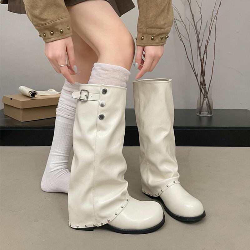 Retro white high-end thick-heeled boots children's autumn 0000 new models with skirts, thin knights, trousers, boots, boots
