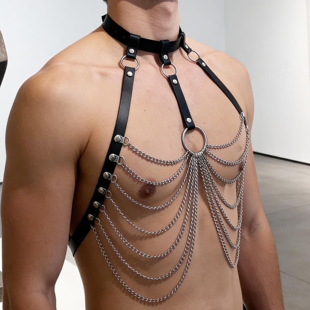 Adjustable Black Leather Body Harness for Men - Silver Chains, Punk Fashion Statement, Rave and Clubwear