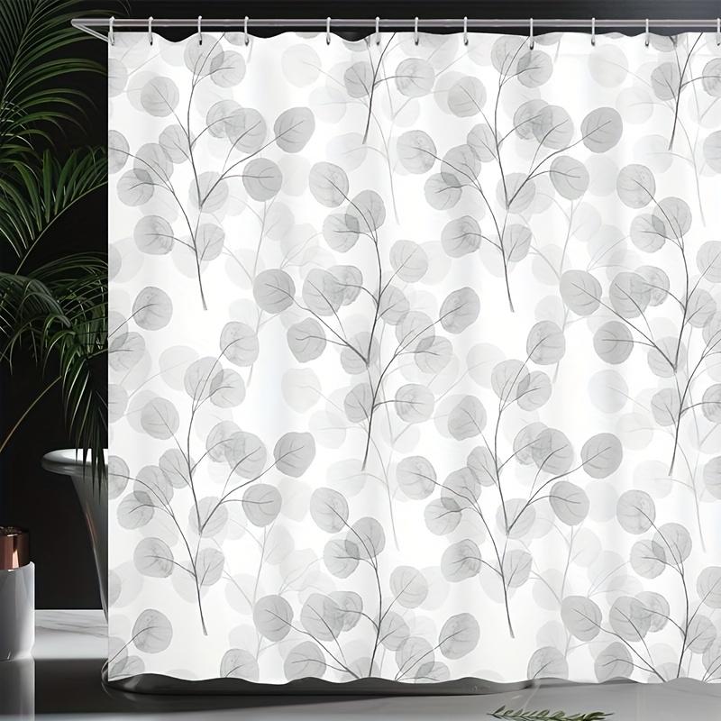 Nature-Inspired Shower Curtain - Soft Gray Leaves, Watercolor Branches Print, Polyester with Hooks