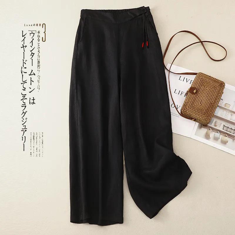 New Women's Retro Chinese-Style Cotton Linen Wide-Leg Pants: High-Waist, Loose-Fit, Spring/Summer Casual Wear.
