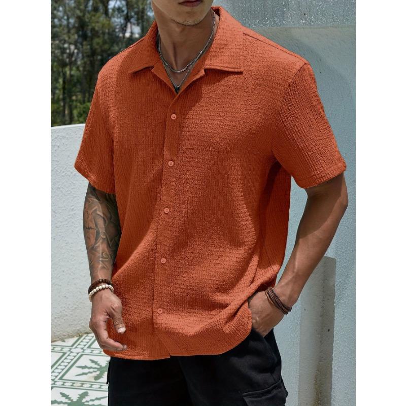 Men Notched Lapel Short Sleeve Shirt Crinkle Waffle Texture Full Button Front Loose Vacation Casual Blouse Tops
