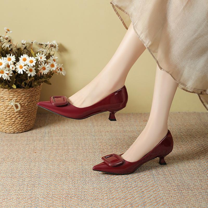 Patent leather high heels women's versatile 2 spring and summer new square buckle shallow mouth temperament pointed kitten and single shoes