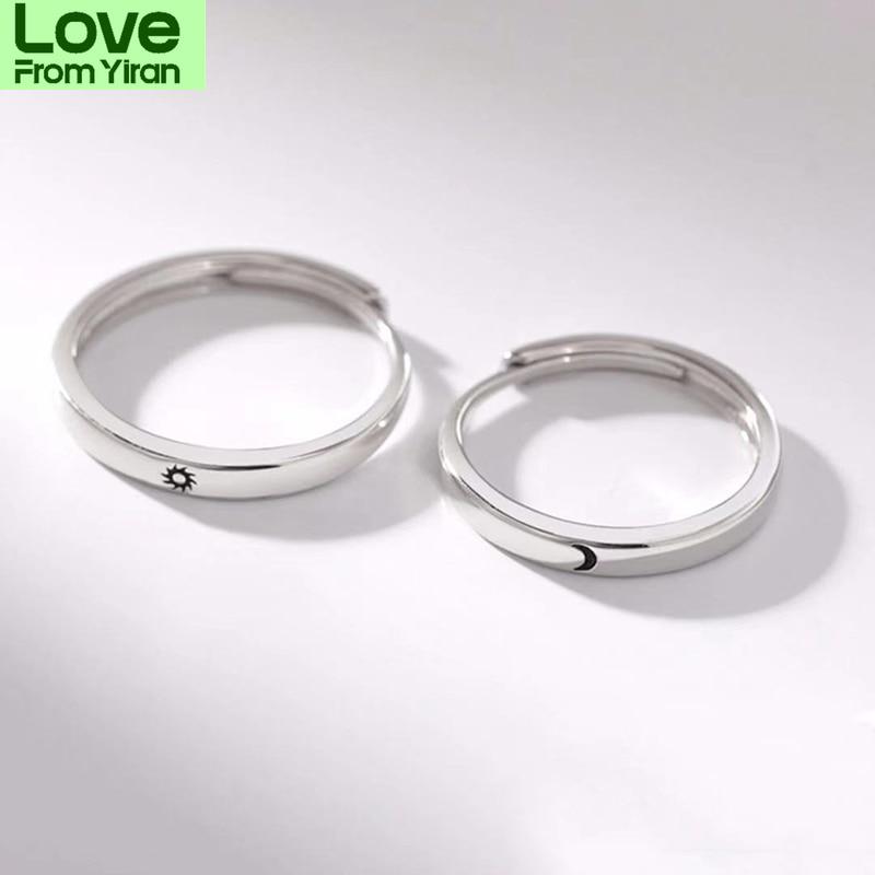 2 Pcs /Pair Sun Moon Matching Couple Friendship Lover Open Adjustable Rings Set Minimalist Engagement Nuptial Bridal Rings Lovers KitMinimalist