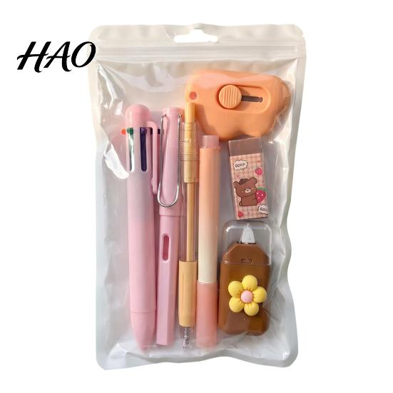 Portable Storage Stationery Case 7PCS Set, Macaron Color Gel Pens/Correction Tape/Cutter/Eraser Include, Learning Supplies Office Records with