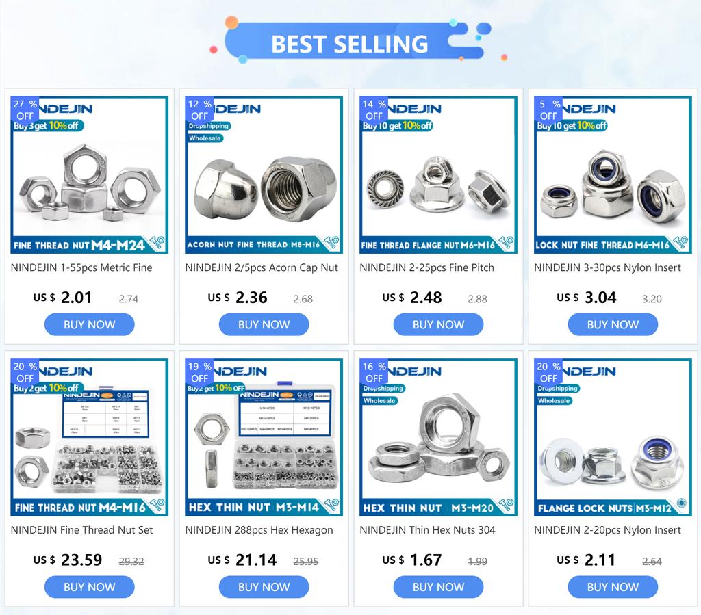 NINDEJIN 1-20pcs Hexagon Thin Nut Fine Thread Fine Nut 304 Stainless Steel M6 M8 M10 M12 M14 M16 M18 M20 Bolt Screw Hexagon Nut