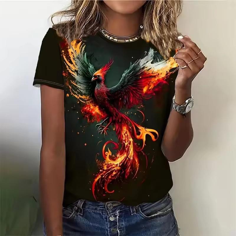 Summer Round Neck 3D Phoenix Pattern Print Top Fashionable Casual Short Sleeved Women's T-shirts