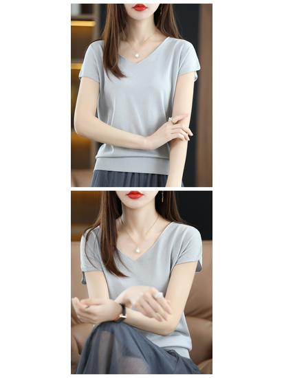 2023 Women's Ice Silk V-neck Summer Top: Short Sleeve T-shirt & Sleeveless Knitted Vest