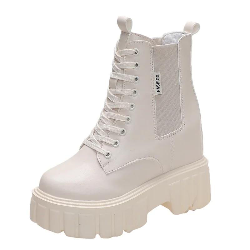 

Модные женские ботильоны на высоком каблуке 10 см, кожаные массивные туфли, осенне-зимние женские панк-сапоги, кроссовки на платформе, дизайнерские ботинки Botas 34 бежевый