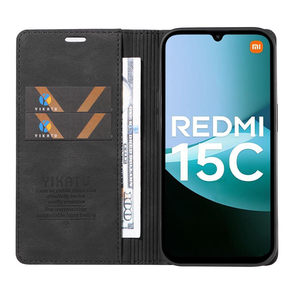 For Xiaomi Redmi 15C 4G (173 mm) Lærdeksel YIKATU YK-004 Hudfølelse Lommebok Telefondeksler
