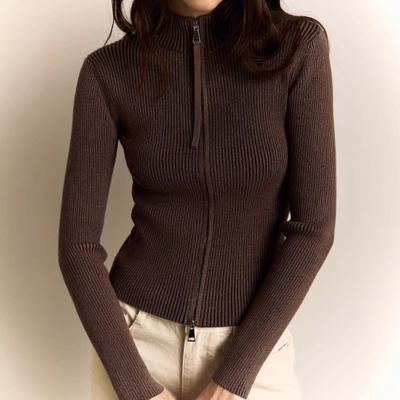 Autumn Winter Zipper Knitted Cardigan Women Vintage Long Sleeve Stand-Up Collar Sweater Street Short Sweater for Female Jacket