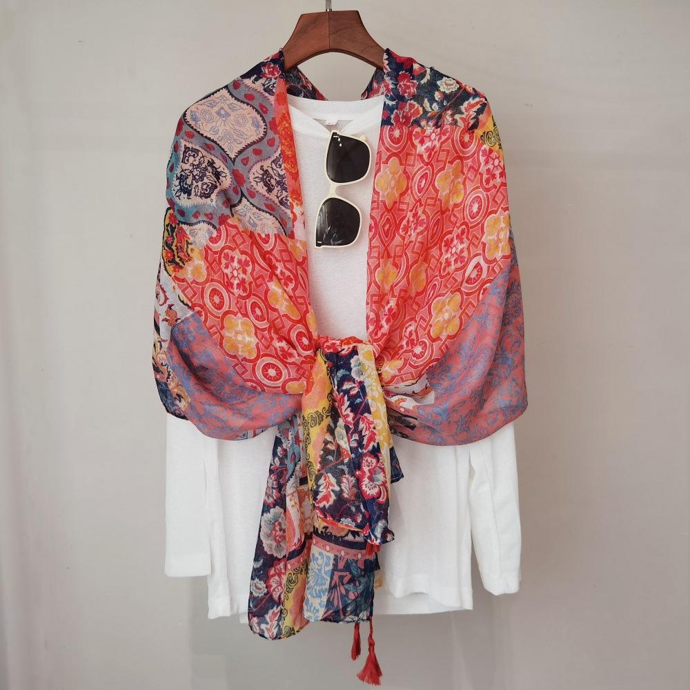 Ethnic Style Blue and White Porcelain Cotton and Linen Scarf, Women's Artistic Shawl, Travel Sunscreen Scarf, Office Shawl