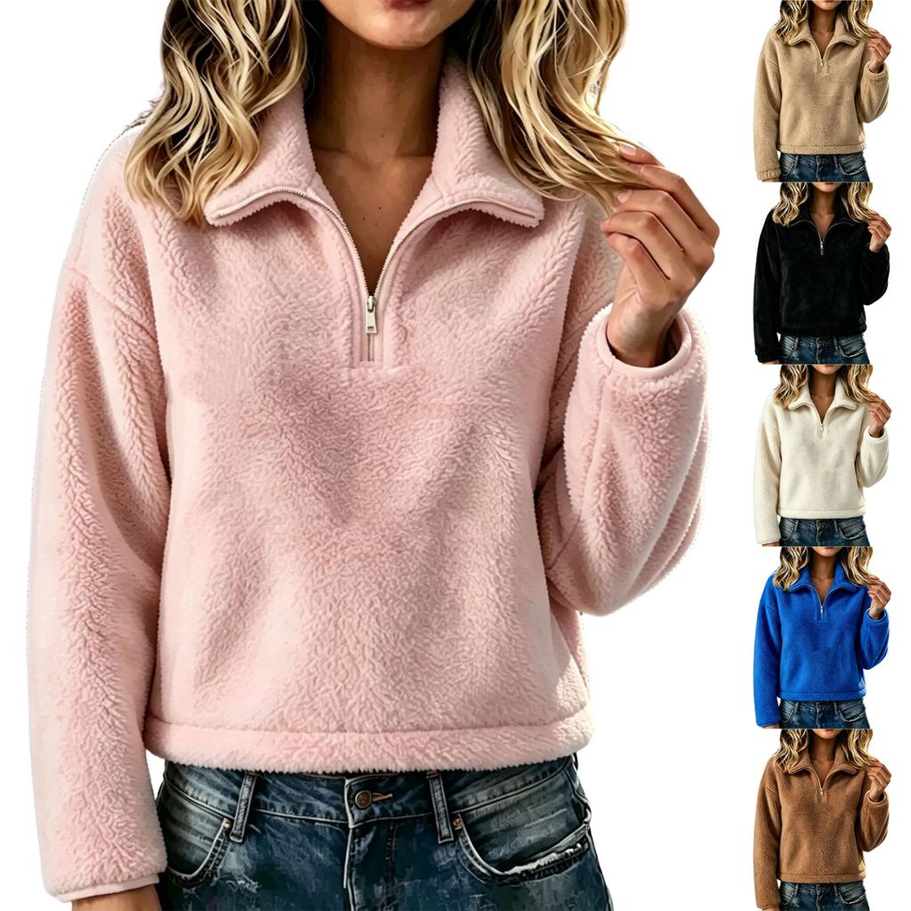 Women's Color Long Sleeve Zip-Up Sweatshirt with Collar for Everyday Wear