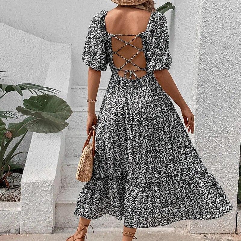 Qybian Abito Midi da Donna Floreale Senza Schiena Scollo a V Manica Corta Boho Estivo da Spiaggia Abito Lungo Orlo Alto Basso Abito Donna Sexy