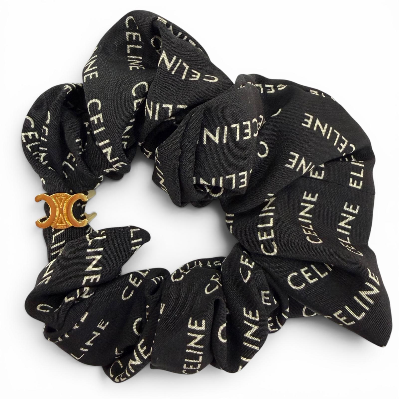 Great CELINE Shush Rayule Scrunchie Triomph logo black silk Women 46Y352SIB Used