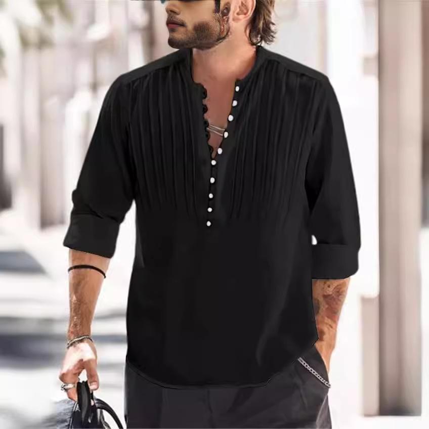 Men's Spring Summer Solid Top Fashion Casual Multi-Button Long Sleeve Shirt