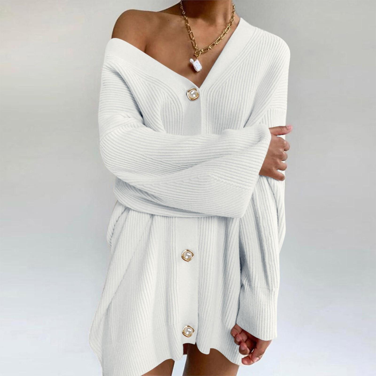 

Жіночий вільний повсякденний одноколірний светр з перламутровим ґудзиком і довгим рукавом, жакет-джемпер XL білий