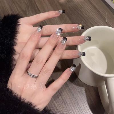 Pure Handmade Phototherapy Wear Armor Black Shiny Diamond Finished Product Reusable Nail Patches Can Be Removed
