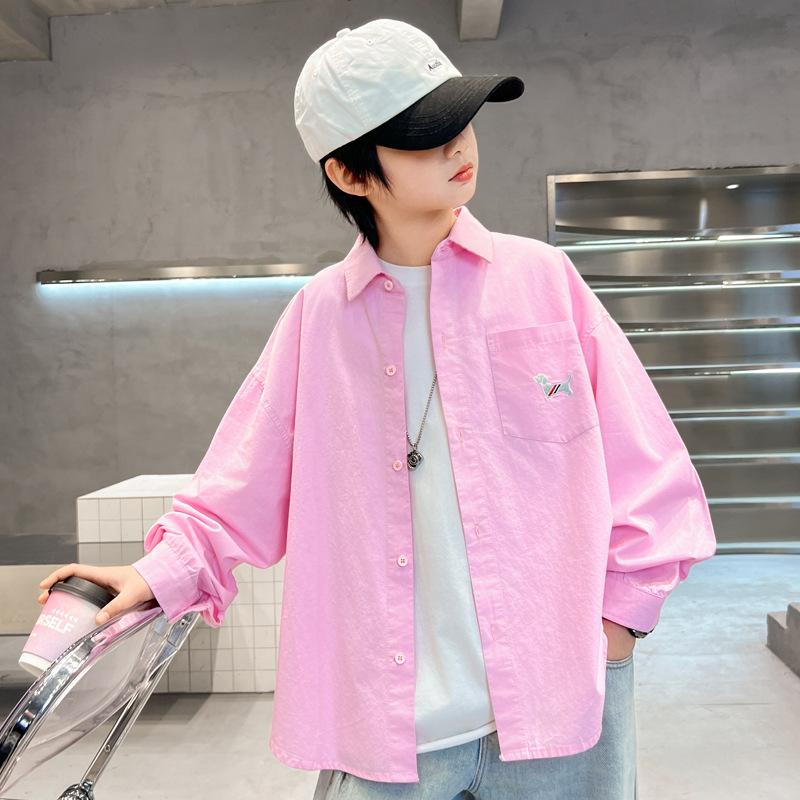 

Рубашка из хлопка с длинным рукавом для мальчиков 2025 года, детская красивая рубашка, пальто на весну и осень 150cm розовый