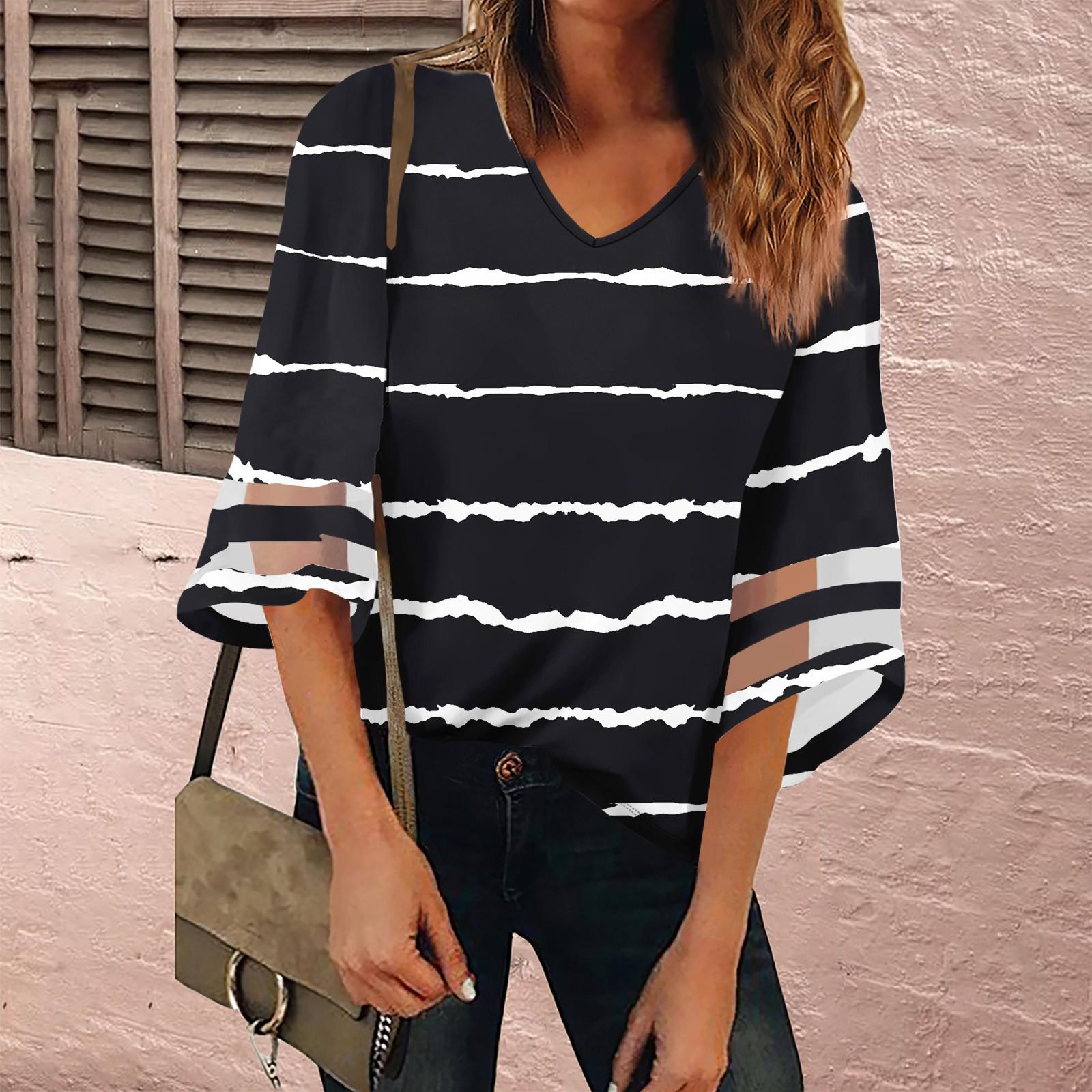 

Женская рубашка, блузка, повседневные свободные рубашки, кружевные рубашки с рукавами 3/4, топы с v-образным вырезом и принтом, топы с принтом, футболки, футболки L чёрный