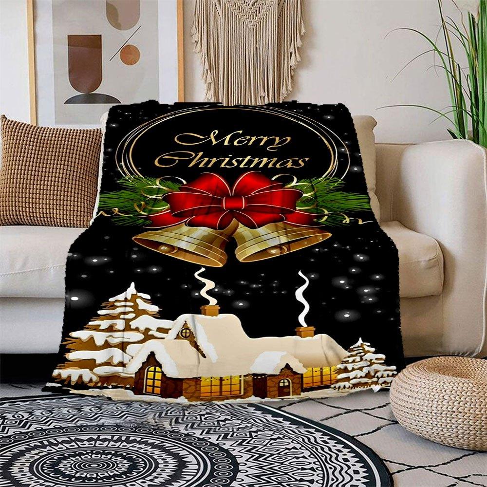 

Christmas Bells with Red Bow and Snowy House Greeting CardBlanket Flannel Throw Blanket for Sofa, Bed, Travel, Camping, Office 100x150cm