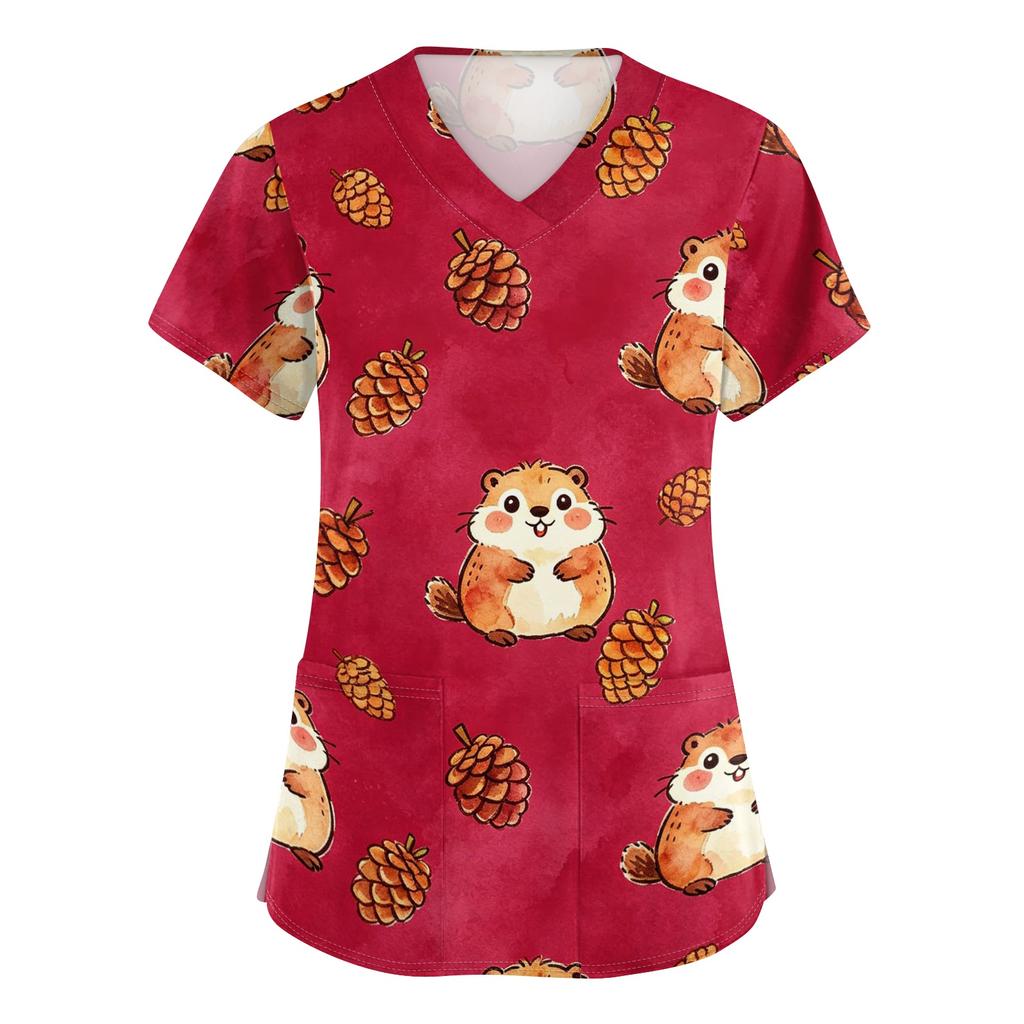 Women's V Neck Short Sleeve Work Top with Pockets Animal Print Medical Scrub Shirt for Caregivers Nurse Uniform