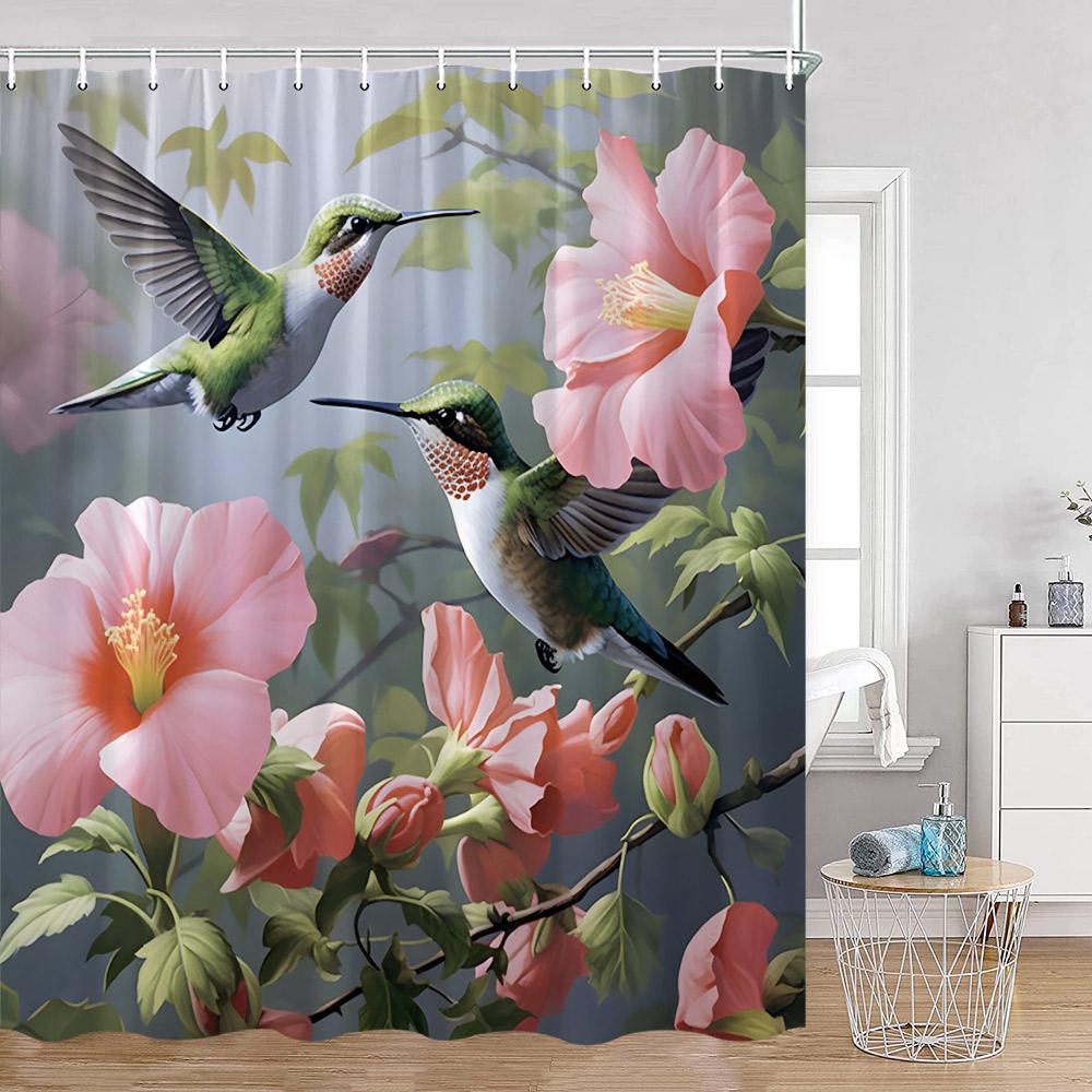 Rideaux de douche Colibri Aquarelle Florale Papillon Fleurs Épanouies Plantes Floraison Décor de Baignoire Printemps