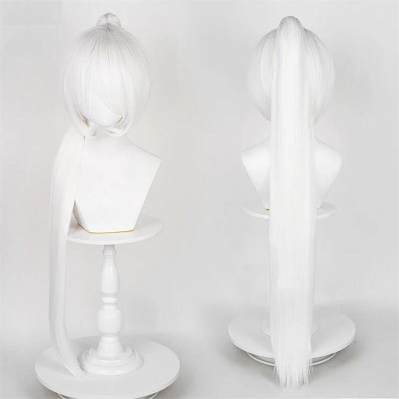 

90 см длинный прямой парик для косплея с хвостиком, аниме, короткий базовый парик, универсальные многоцветные термостойкие синтетические волосы, парики + шапочка для парика One Size белый