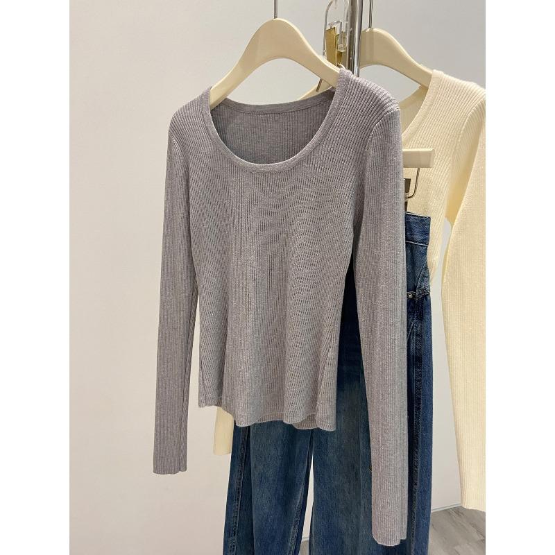 Texture u-neck front shoulder bottom knitted sweater women's autumn and winter slim-fit soft waxy sweater long-sleeved top