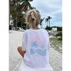 European Size Girls Round Neck Short Sleeved T Shirt with Blue Beach Pattern Print