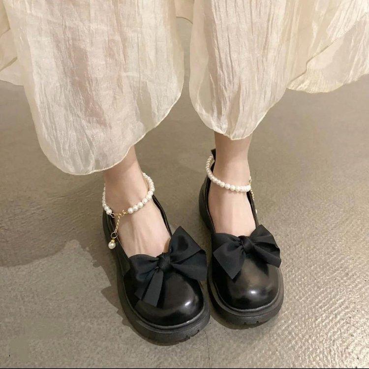 Mary Jane Small Leather Shoes Women's Thick Heel Thick Sole Heightening Japanese Jk Round Head Bow Pearl Chain Loafers