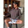 Womens Striped Button Polo Collar Long Sleeve Casual Loose Sweatshirt