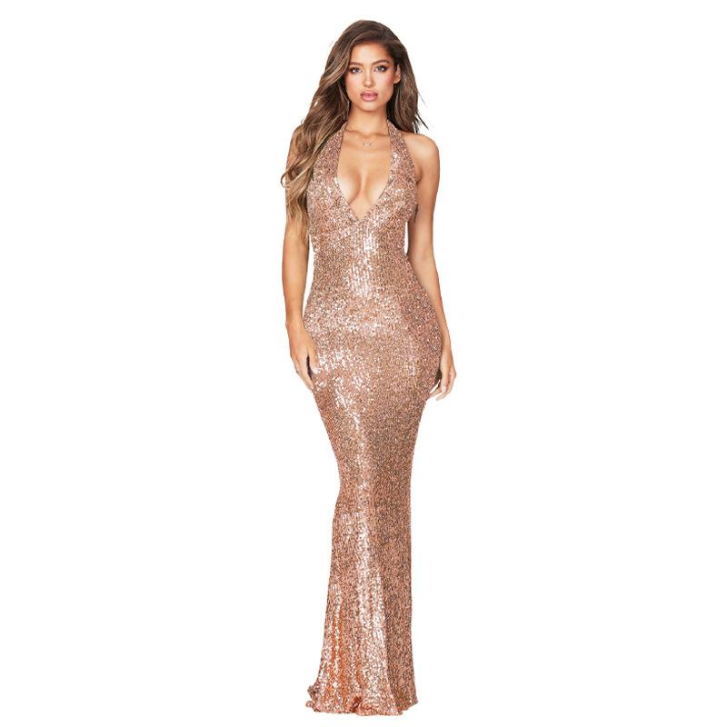 Women's Haute Couture Deep V Halter Halter Gown Dress Long Sequin Fishtail Dress