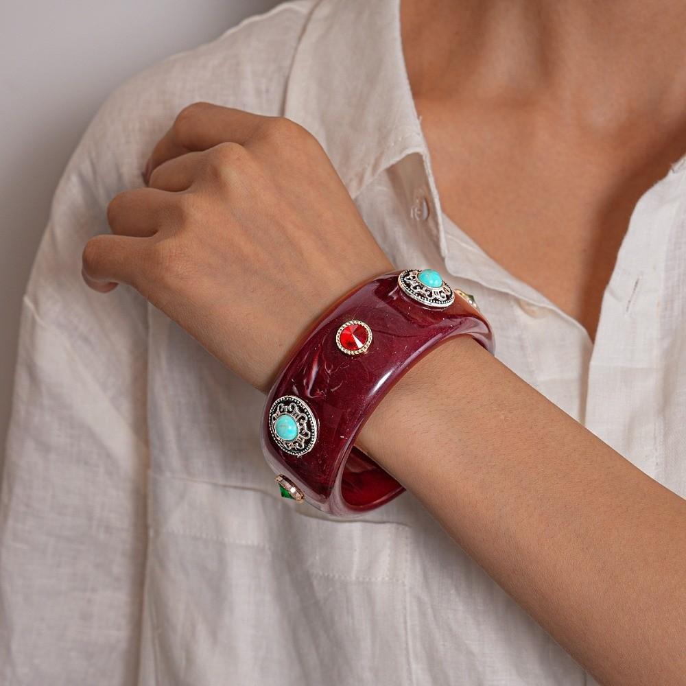 Wide Turquoise Acrylic Bracelet Turquoise Retro Hand Ring Acrylic Rhinestone Bangle  Decoration