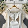 Autumn Spring Women Sexy Square Collar Luxury Beading Knitted Sweater Party Dress Long Midi Sheath Bodycon Sheath Dresses