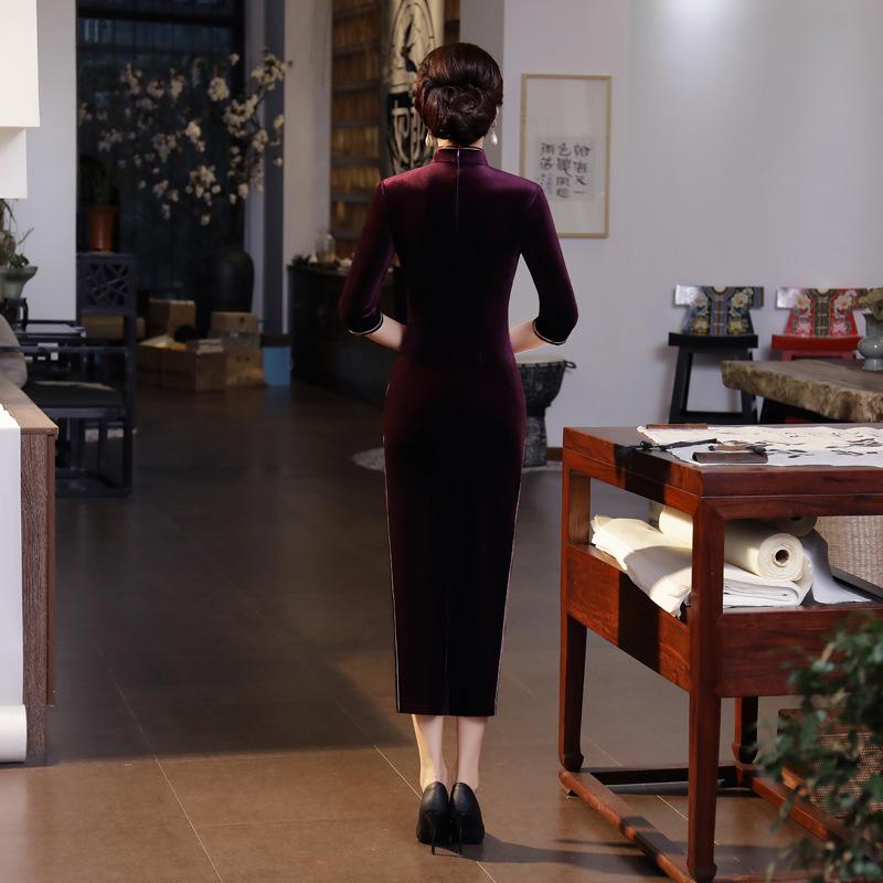 T0011-B New velvet long cheongsam improved daily banquet large size performance clothes women's Chinese style