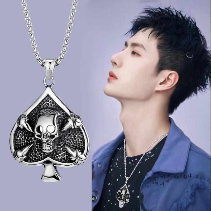 Titanium Steel Cast Poker Spades Men's Necklace Retro Hip-hop Titanium Steel Skull Pendant