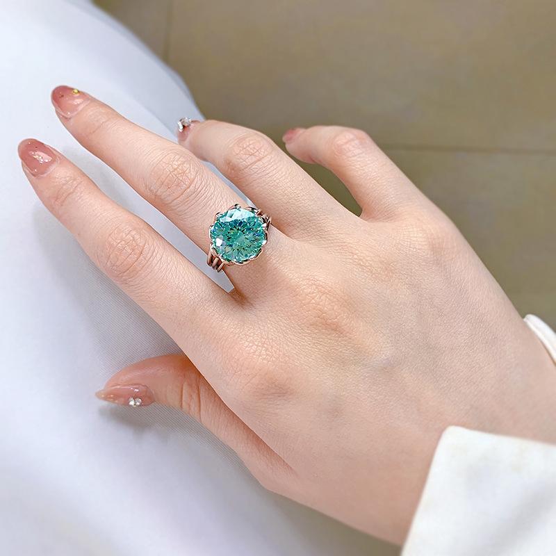 SACE GEMS Lotus Flower Rings for Women 925 Sterling Silver 12mm Green High Carbon Diamond Ice Flower Cut