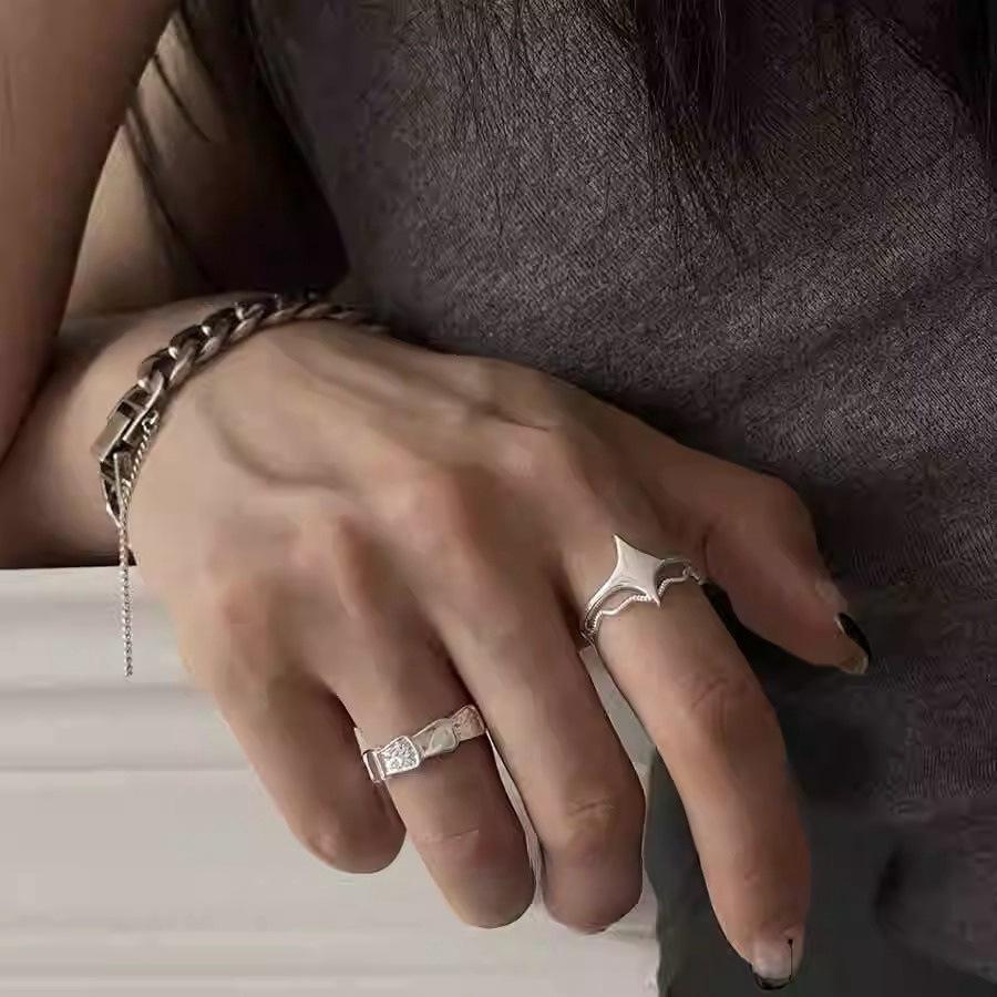 Korean Version of the Star Stacked Rock Pattern Ring 925 Sterling Silver Ins Wind Index Finger Ring Sweet Cool Ring Tide