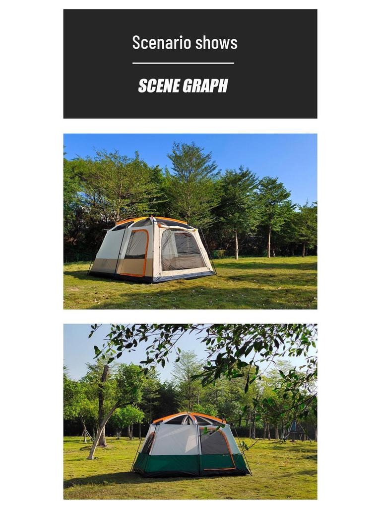 Spacious Waterproof Outdoor Tent with Two Bedrooms and Living Room, Accommodating 4-12 People for Family Camping