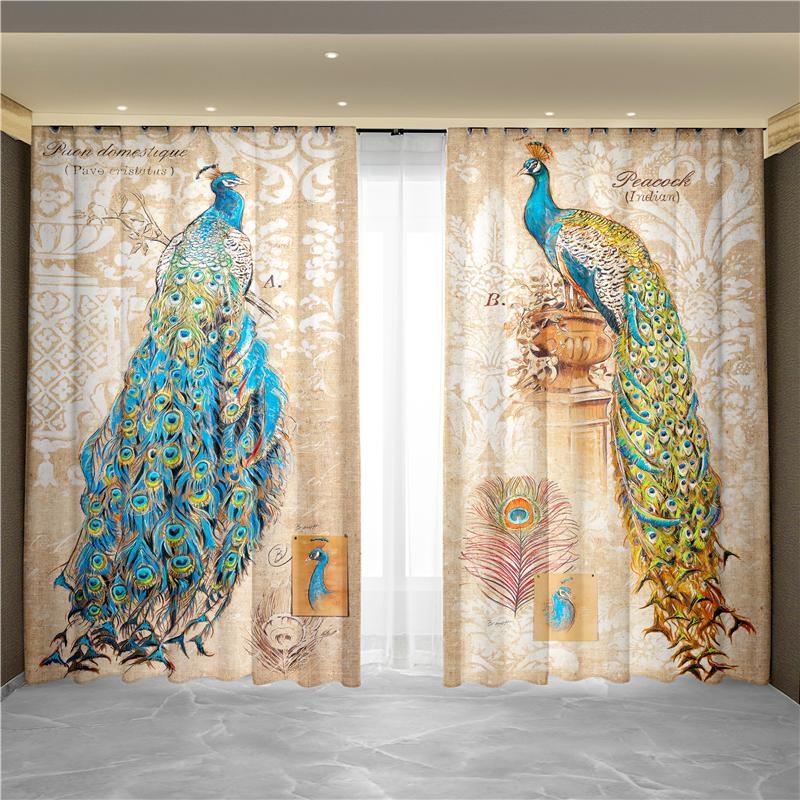 Nowy Chiński Styl Tuszowy Pejzaż Malarstwo Kwiatowe Paw Feniks Zasłona Okno od Podłogi do Sufitu Salon Tkanina Zaciemniająca Zasłona