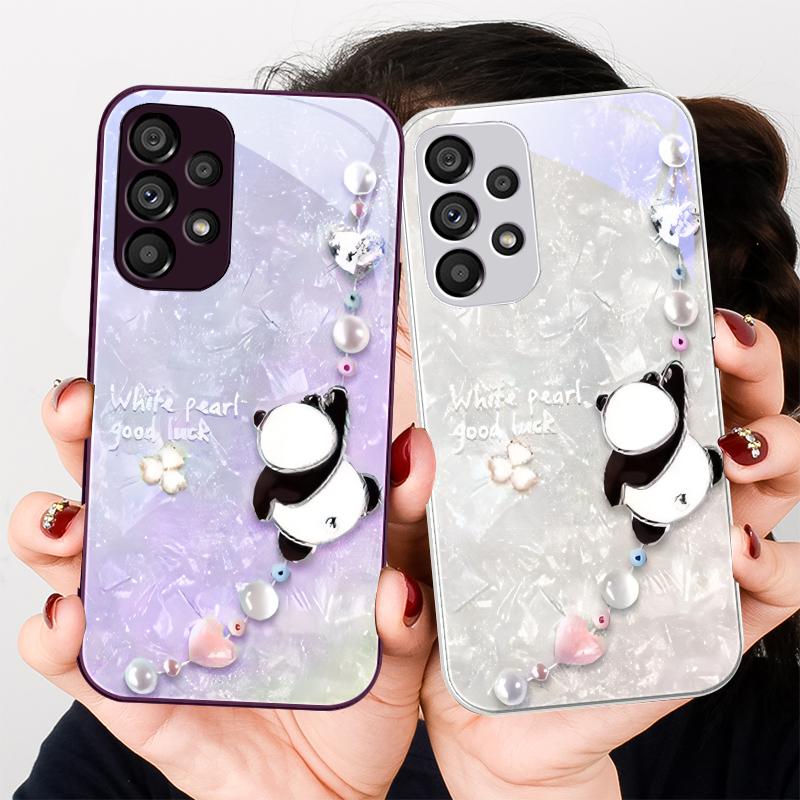 Beaded Panda Silver For Samsung Galaxy S23 U Ltra 24 Plus S20 21 FE S25 Ultra A70 A72 73 51 52 53 Tempered Glass Phone Case