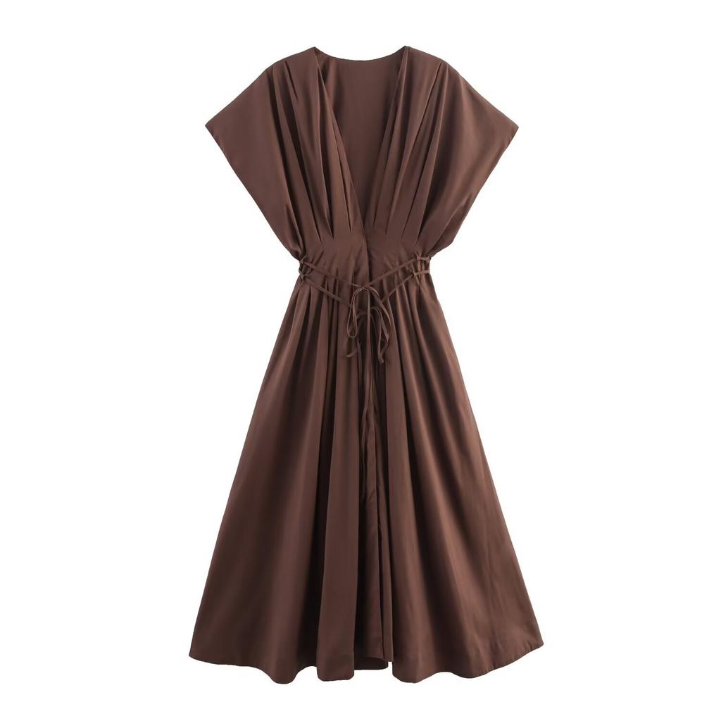 Women's autumn European and American style design sense lace-up poplin V-neck lace-up dress