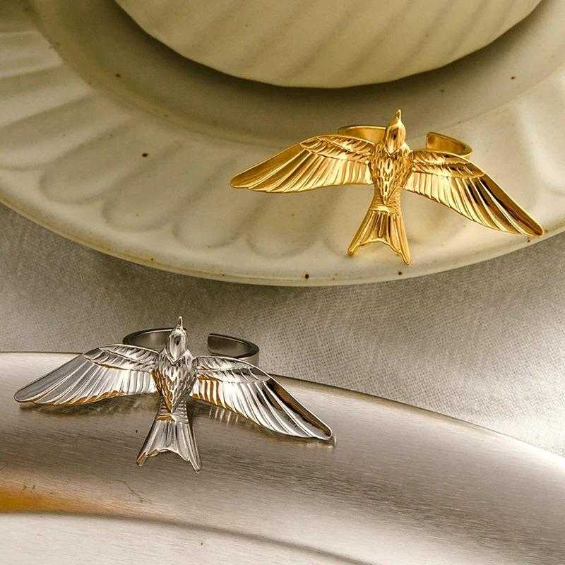 Stainless Steel Peace Dove Elegant Open Rings for Women Adjustable Punk Style High-End Retro Style Non Fading Jewelry Accessory