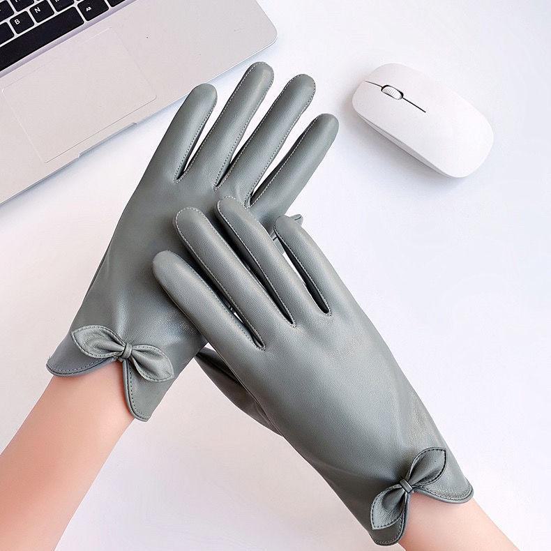 

Женские кожаные перчатки с бархатной подкладкой — теплые, водонепроницаемые, ветрозащитные, с корейским дизайном с бантом One Size темно серый