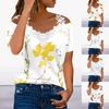 Women's V-Neck Lace Patchwork Tops Short Sleeves T-shirt Printed T-shirt Tunic Top