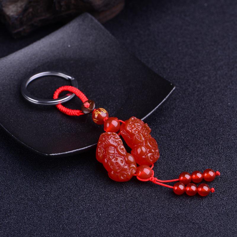 Natural Red Agate Pixiu Couple Keychain - Double Pixiu Design for Car Keys