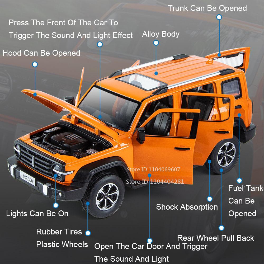 1:24 Tank 300 500 Car Diecast Alloy Model Toys Doors Opened with Sound Light Pull Back Miniature Vehices Children Festival Gifts