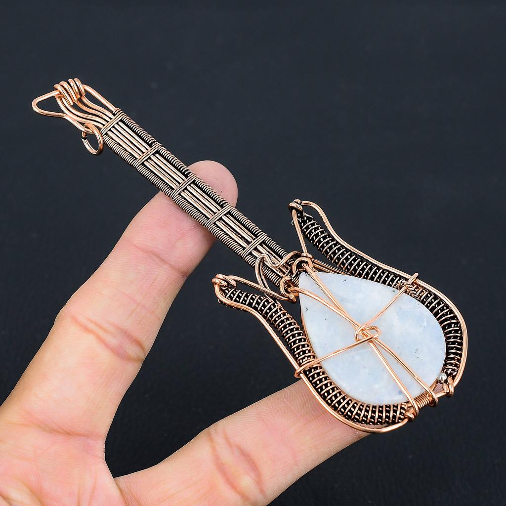 Rainbow Moonstone Handmade Copper Wire Wrap Guitar Pendant 4.53 y9W89