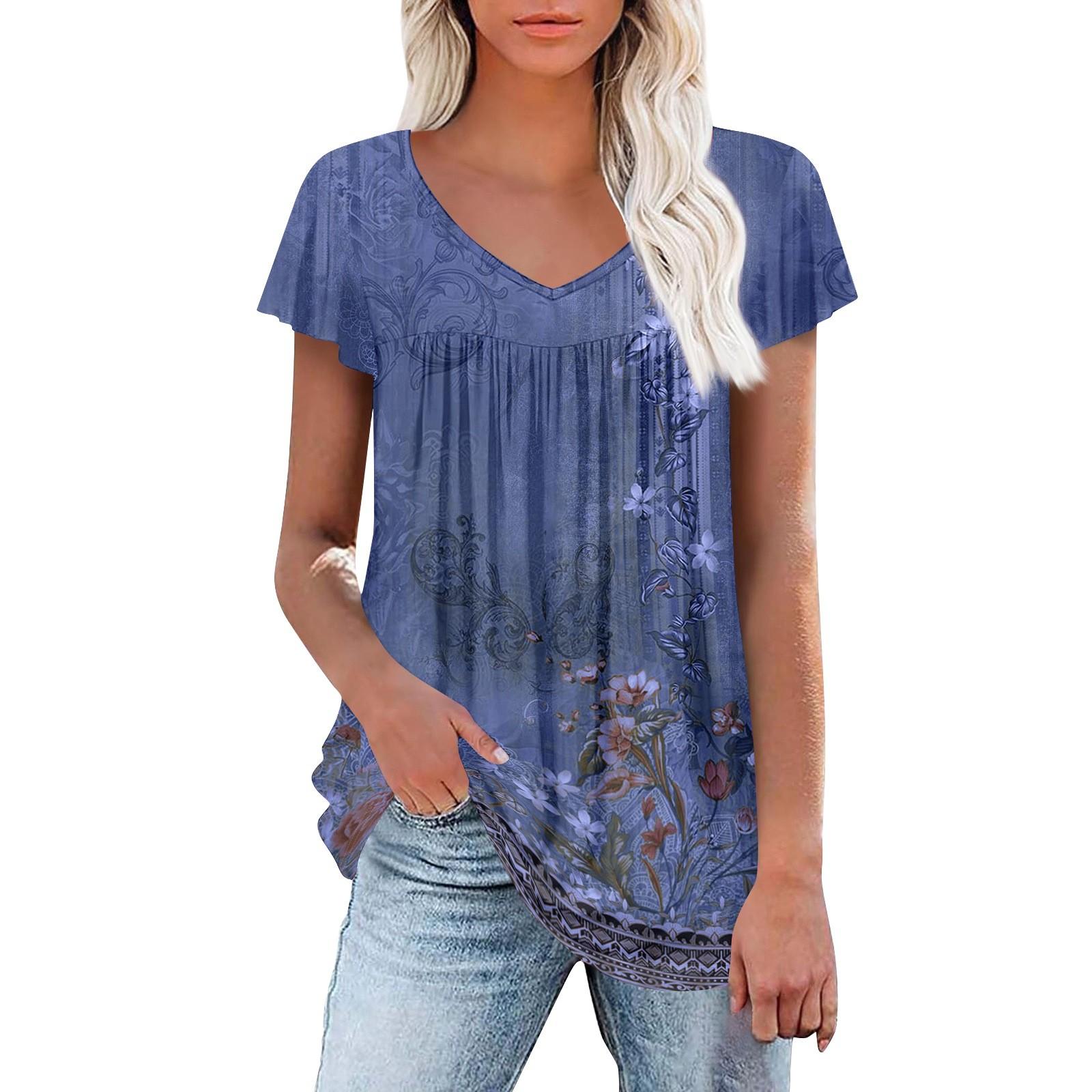 

Женские туники, элегантные повседневные летние рубашки с коротким рукавом, цветочные свободные плиссированные топы в стиле бохо XXXL синий